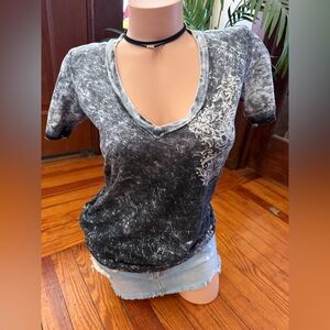 Affliction Black Mineral Wash V-Neck Tee with White Scroll Accent